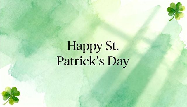Green watercolor st. Patrick's day card with centered typography and clover accents