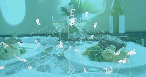 Luxury dining experience inside jet with floating currency signs