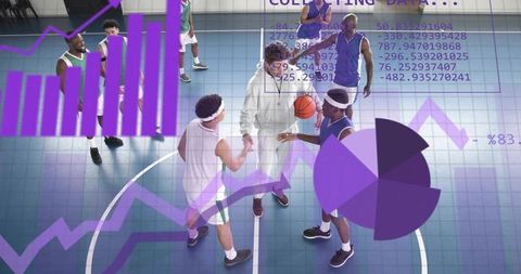 Basketball team strategizing on court center with data analytics overlays and coaching