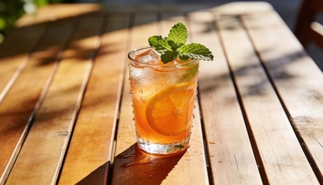 Sunlit citrus cocktail with refreshing mint and ice in dewy tumbler on wooden patio table