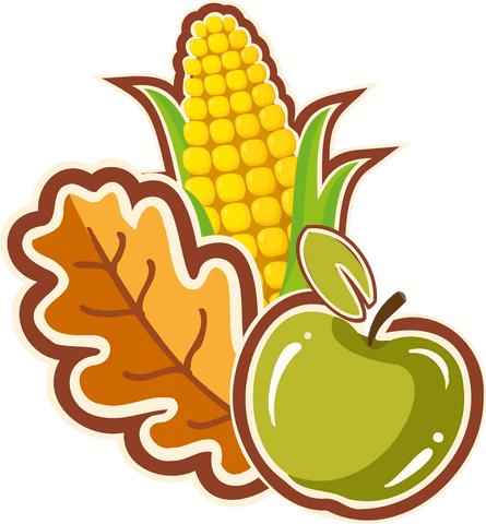 Harvest symbols with corn, apple, and oak leaf on transparent background