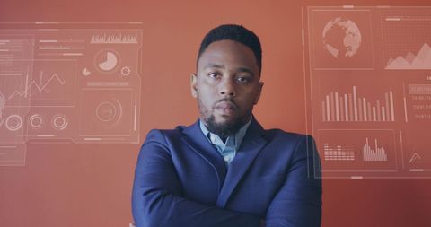 Confident Businessman with Digital Financial Data Background