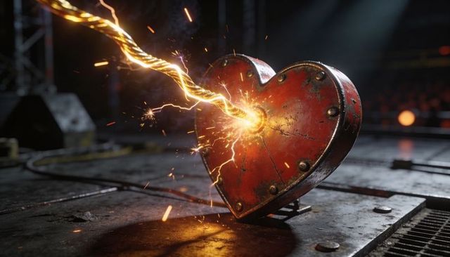 Sparking riveted red metal heart pierced by braided energy cable with electric arc glow