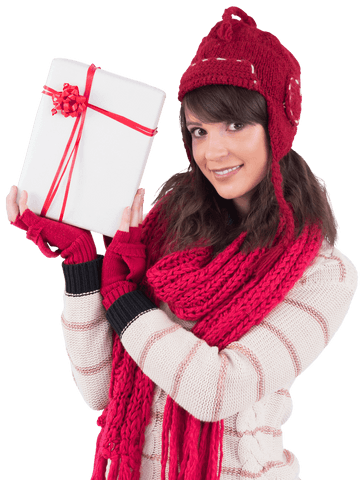 Smiling woman in red winter clothing showing transparent wrapped gift