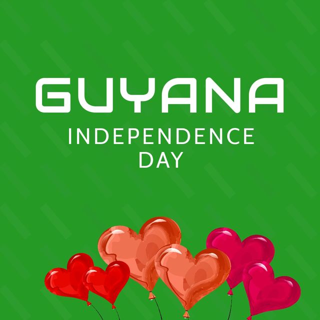 Illustration of guyana independence day text with colorful heart shape balloons, green background. vector, copy space, patriotism, celebration, freedom and identity concept.