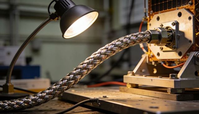 Braided stainless cable connecting precision equipment on workbench with hex coupling and lamp