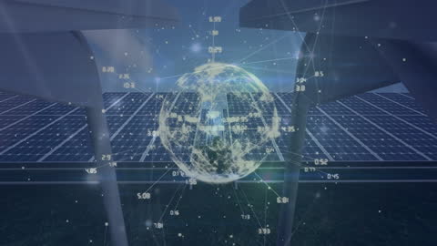 Digital Network Globe Over Solar Panels with Connection Lines
