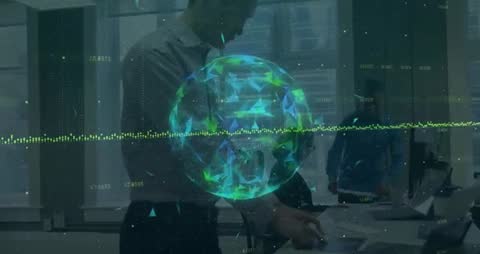 Business Team with Holographic Digital Globe and Data Streams