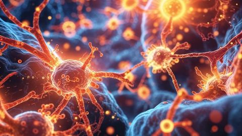 Glowing microscopic virus particles in fluid medium