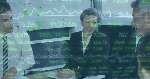Executive leading boardroom strategy meeting with financial data overlay and analytics