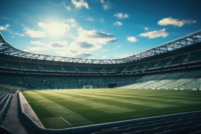 Empty football stadium on sunny day, created using generative ai technology. Sports, competition and architecture concept digitally generated image.