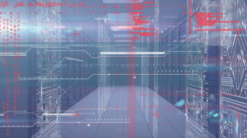 Digital Interface Displaying Data Processing in Server Room