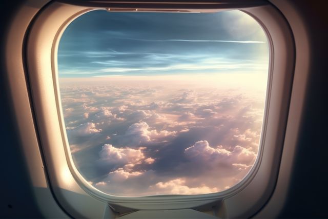 Sky with clouds seen through airplane window, created using generative ai technology. Air travel and outside airplane window concept digitally generated image.