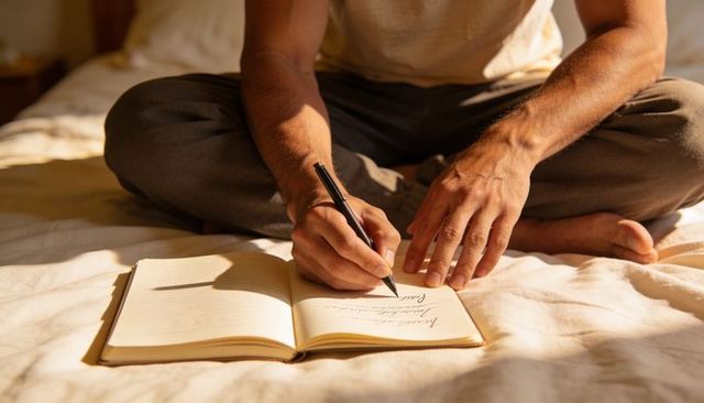 Man Writing Journal on Bed in Warm Morning Light, Cozy Bedroom Journaling Lifestyle