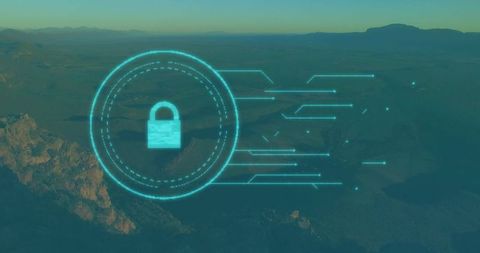 Digital Padlock Glowing Over Desert Landscape