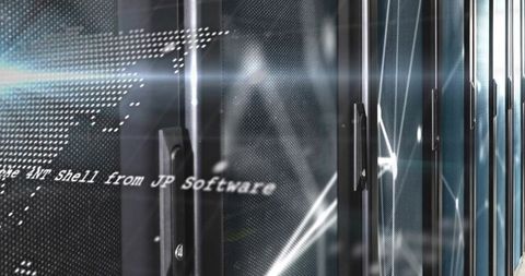 Row of glass-front server racks featuring vertical handles and reflective panels
