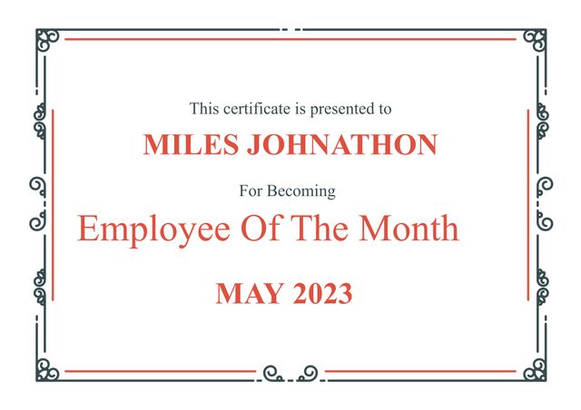 Classic design employee of the month certificate template designed for professional recognition. Classic border design and formal typography make it suitable for any corporate or office setting. Perfect for HR use to highlight and reward outstanding employee performance. Editable content allows customization with recipient's name and award month.
