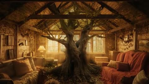 Ancient Tree Growing Inside Cozy Rustic Attic