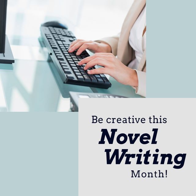 Woman typing on keyboard inspires creativity for National Novel Writing Month. Impossibility product revenues, Inspirational poster or social media post. Ideal for promotional materials, writing communities, or blogs about creativity and productivity.