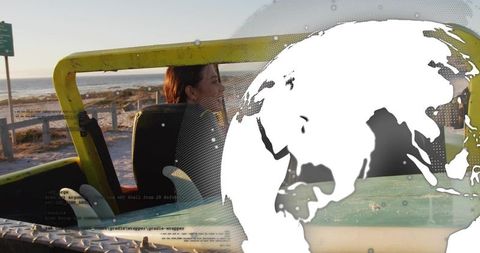 Woman enjoying coastal dune drive in yellow open-top buggy with globe halftone overlay