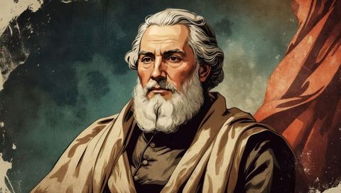 Elderly bearded man in classical robes with contemplative gaze