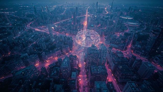 Futuristic cityscape with neon lit highway and geodesic dome structure