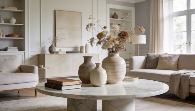 Neutral living room with marble coffee table and ceramic vases with dried flowers
