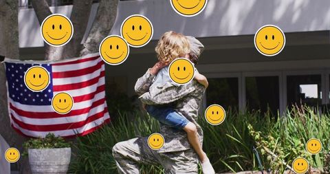 Emotive Reunion Between Soldier and Child with Smiley Emojis Overlay