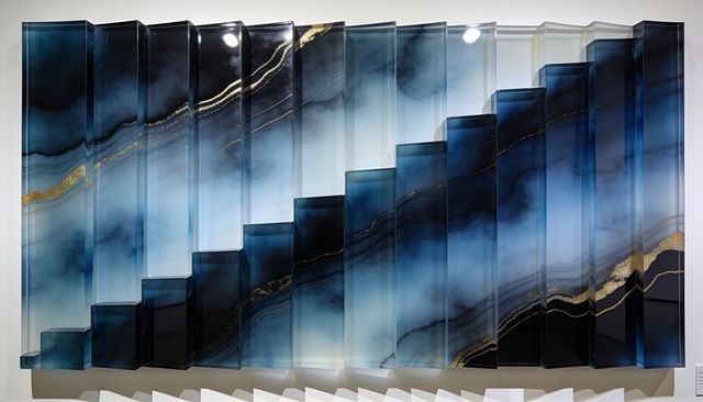 Layered glass wall sculpture featuring blue marble veins and gold accents