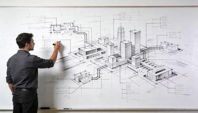 Architect sketching isometric city masterplan on whiteboard for urban design presentation