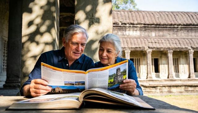 Senior couple reading travel brochure at ancient temple ruins, studying guidebook