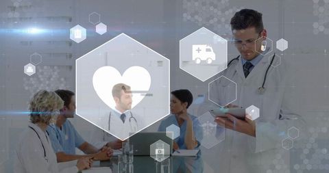 Clinician checking tablet during multidisciplinary medical meeting with telemedicine hud