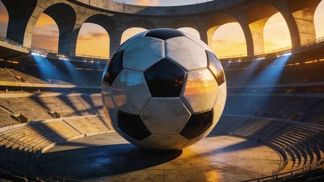 Giant soccer ball resting in colosseum stadium at sunset with dramatic floodlights