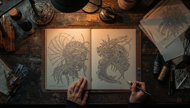 Sketching intricate mechanical creatures under warm lighting