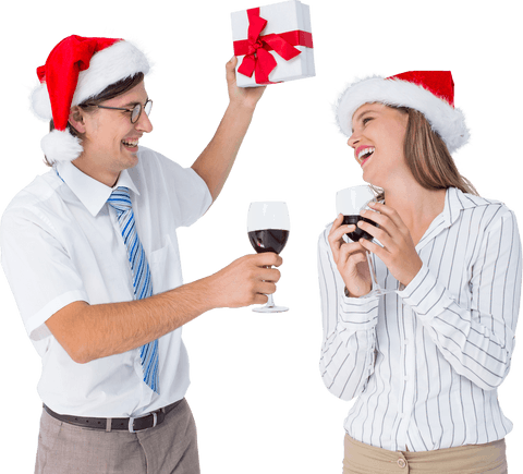 Festive Couple Enjoying Wine in Holiday Attire Transparent Image