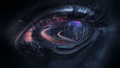 Futuristic Eye with Neon Metropolis Vision Overlay