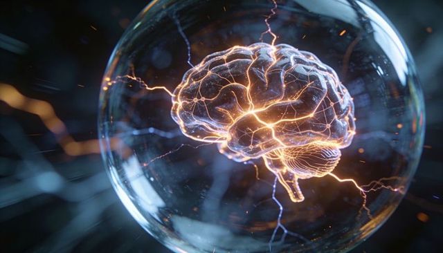 Glowing neural brain floating in transparent orb emitting electric filaments and sparks