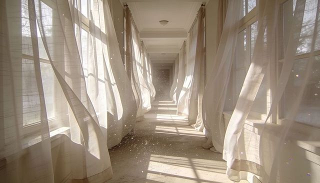 Sunlight streaming through billowing sheer curtains along long airy sunlit corridor