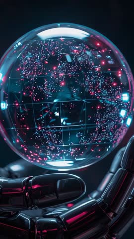 Robotic hand cradling holographic sphere materializing with rotating neon nodes, vertical tech anima