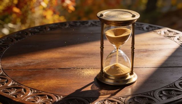 Antique brass hourglass flowing golden sand on carved wooden table bathed in sunlight
