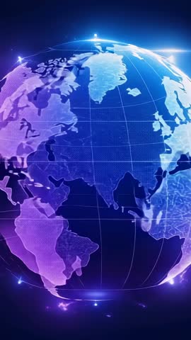 Rotating Neon Mesh Globe Revealing Continents Vertical Tech Visualization