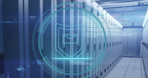 Cybersecurity Shield Icon Over Data Center Servers Animation