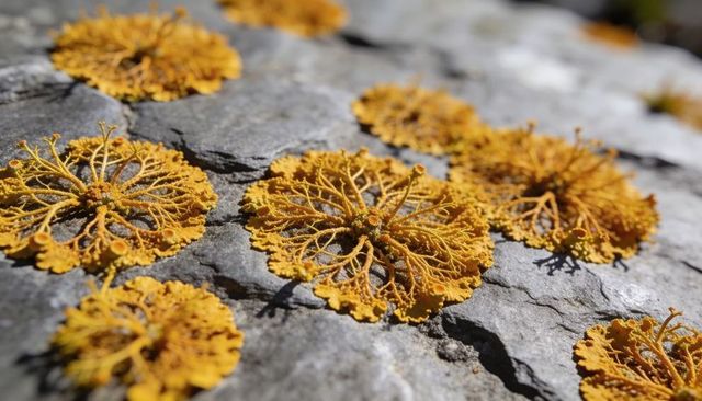 Glowing yellow-orange lichen rosettes covering limestone rock macro texture with crevices