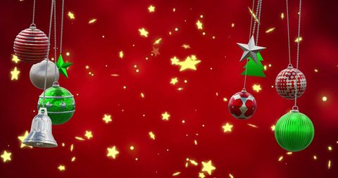 Festive Christmas Baubles with Shining Stars on Red Background