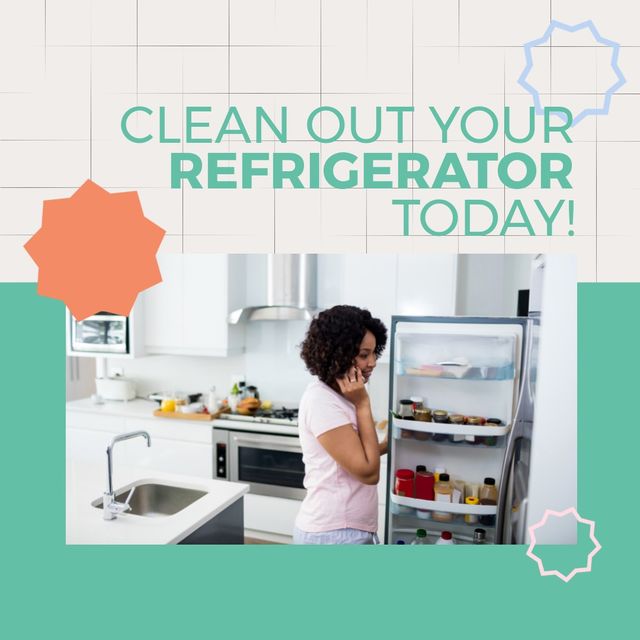 Square image of clean out refrigerator day text, with african american woman on phone opening fridge. Awareness celebration, domestic life, health and cleanliness concept digitally generated image.
