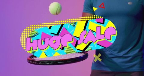 Retro pop art tennis sale graphic showing huge sale with racket, floating ball, halftone