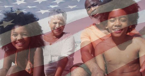 Family Joy on Beach with American Flag Overlay