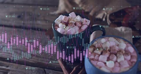 Cozy hot chocolate with marshmallows and digital finance overlay on rustic wooden table
