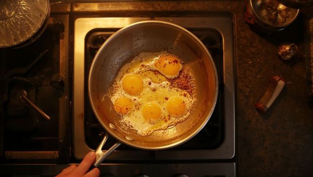 Frying five eggs in stainless steel skillet on gas stove, overhead view for breakfast