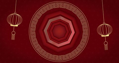 Chinese New Year Celebration with Lanterns and Intricate Circular Motif